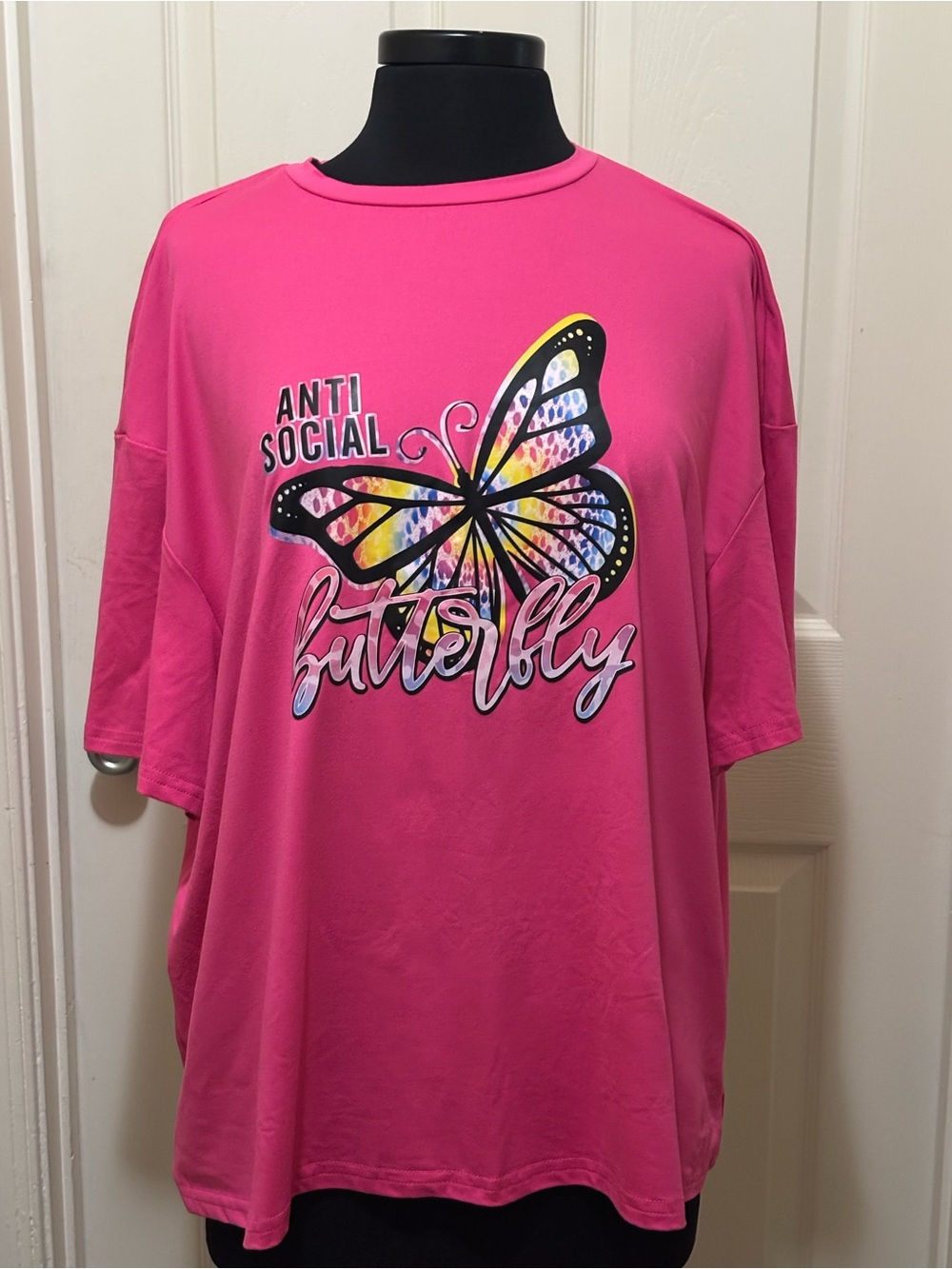 SHEIN Hot Pink 'Anti Social Butterfly' Short Sleeve Tee